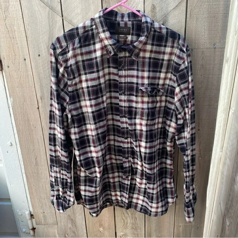 Jachs Men's Flannel Shirt Button Down Plaid Gray Burgundy White Size large